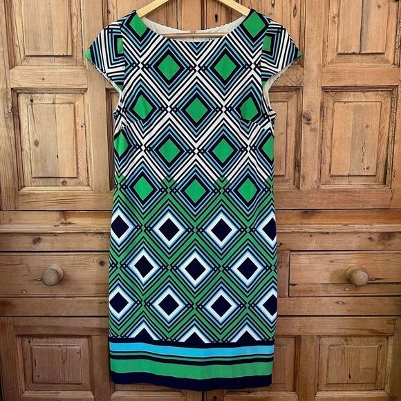 Eliza‎ J Size 8 Dress Diamond Pattern Short Sleeve Navy Blue Green White Shift - Picture 1 of 6